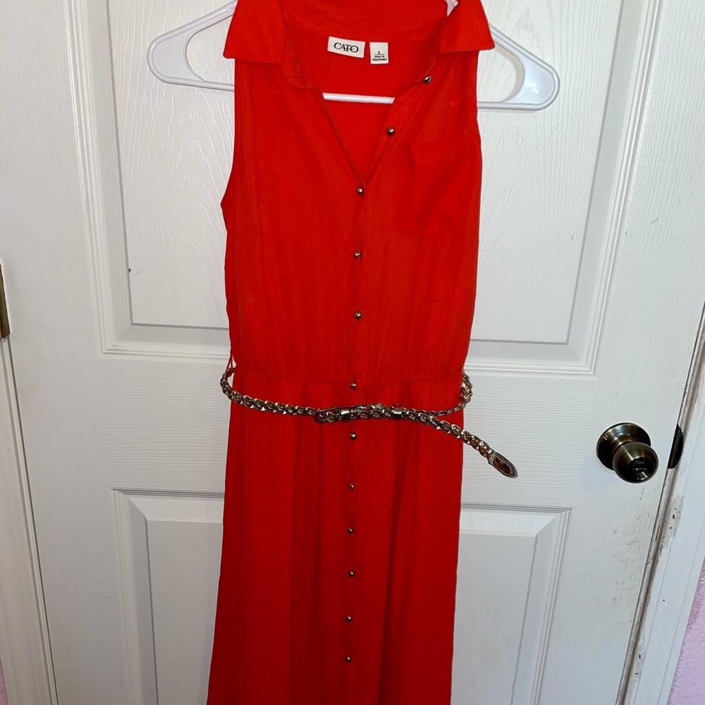 Orange & Gold Button Down Belted Dress